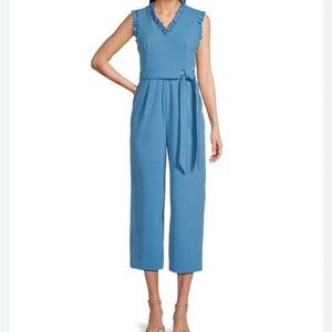 Calvin Klein Sleeveless V-Neck Tie Waist Wide Leg Scuba Crepe Jumpsuit